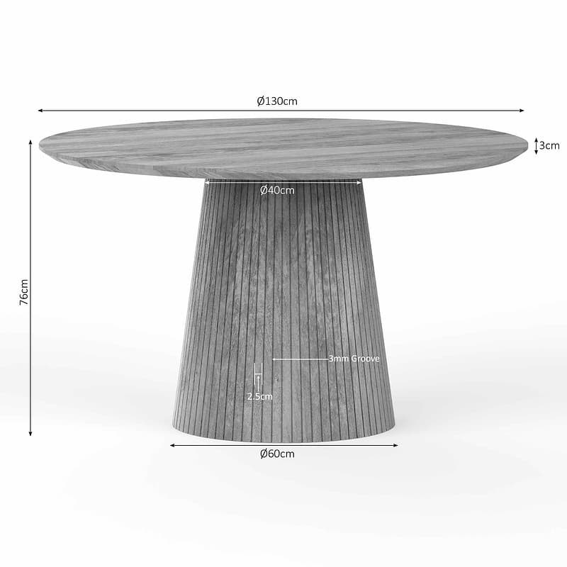 Moderne eettafel Solana in taupe kleur met een diameter van 130 cm en een hoogte van 76 cm, perfect voor gezellige maaltijden en bijeenkomsten.