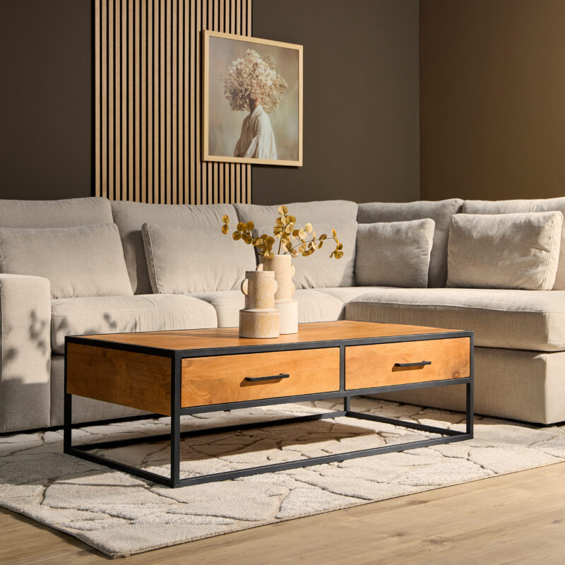 Detail van de lades op de salontafel Denver