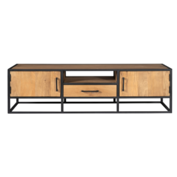 Denver tv meubel vanuit zijkant, detail gelakt mangohout