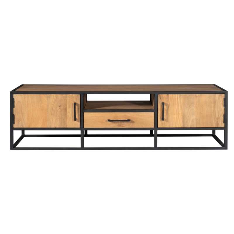 Denver tv meubel vanuit zijkant, detail gelakt mangohout