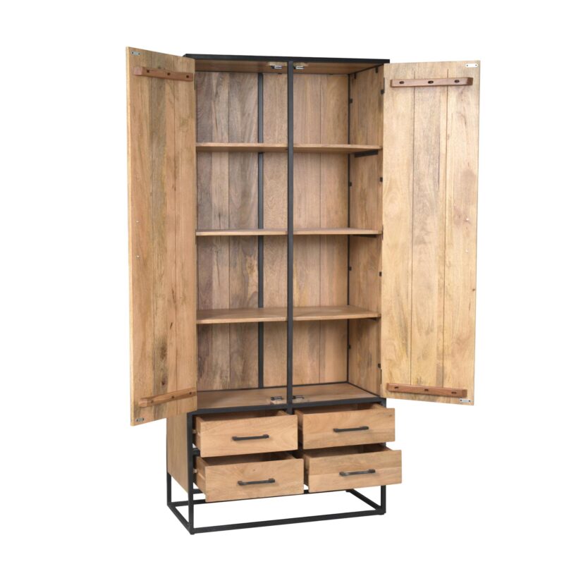 Kabinet Dakota, perspectief vanaf onder, massief mangohout en metalen frame