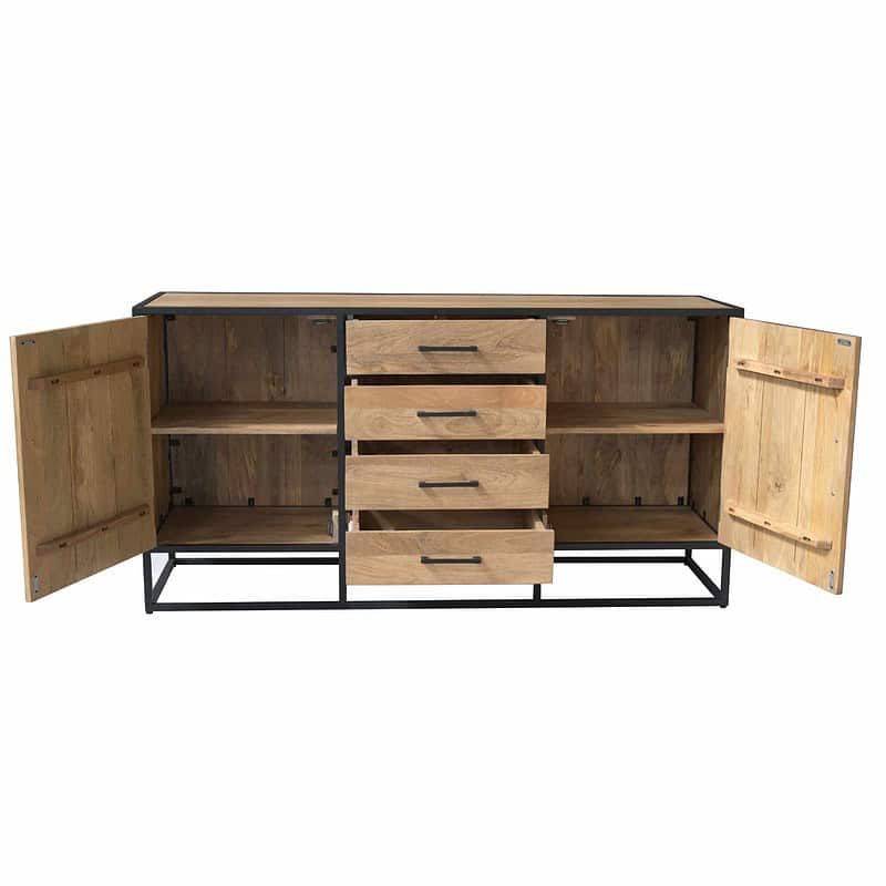 Robuust houten dressoir met metalen frame, 165 cm breed, perfect voor moderne interieurs.
