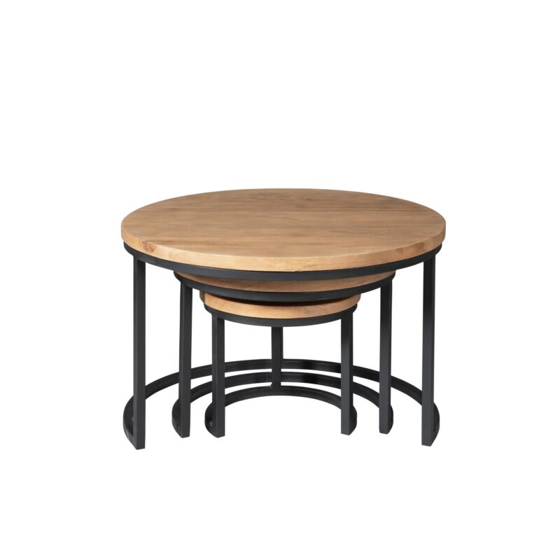 Textuur van het mangohouten tafelblad van de salontafel set Dakota