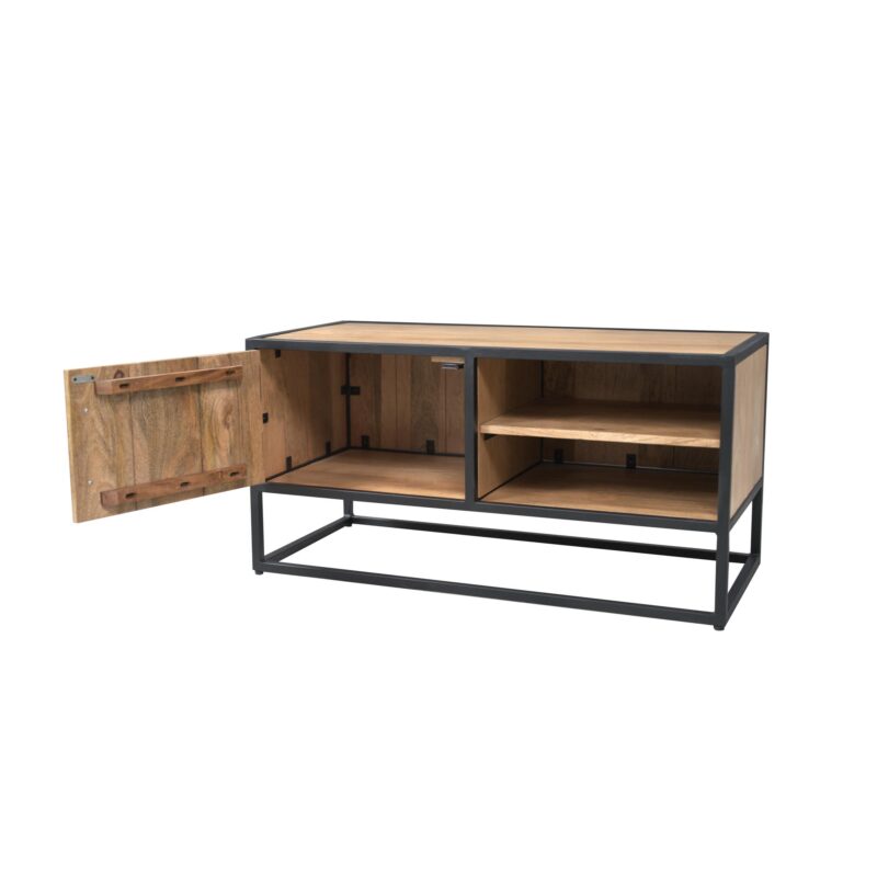 Woonserie Dakota tv meubel in interieur, mangohout en zwart metalen frame