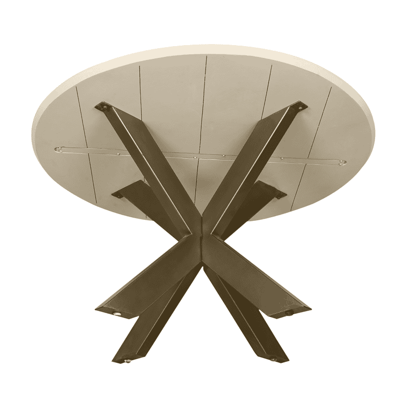 Moderne eettafel Madison Sand met ronde witte tafelblad en unieke metalen onderstel, perfect voor een stijlvolle eetkamer.