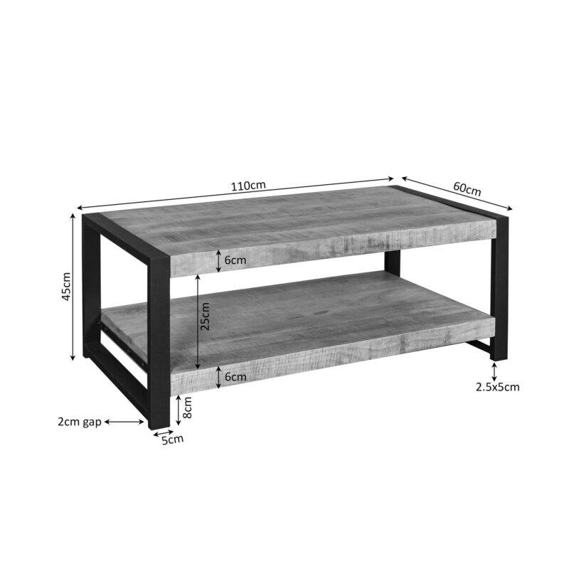 Salontafel Britt in interieur, rechthoekig, mangohout en metaal, lichte finish en zwarte lak