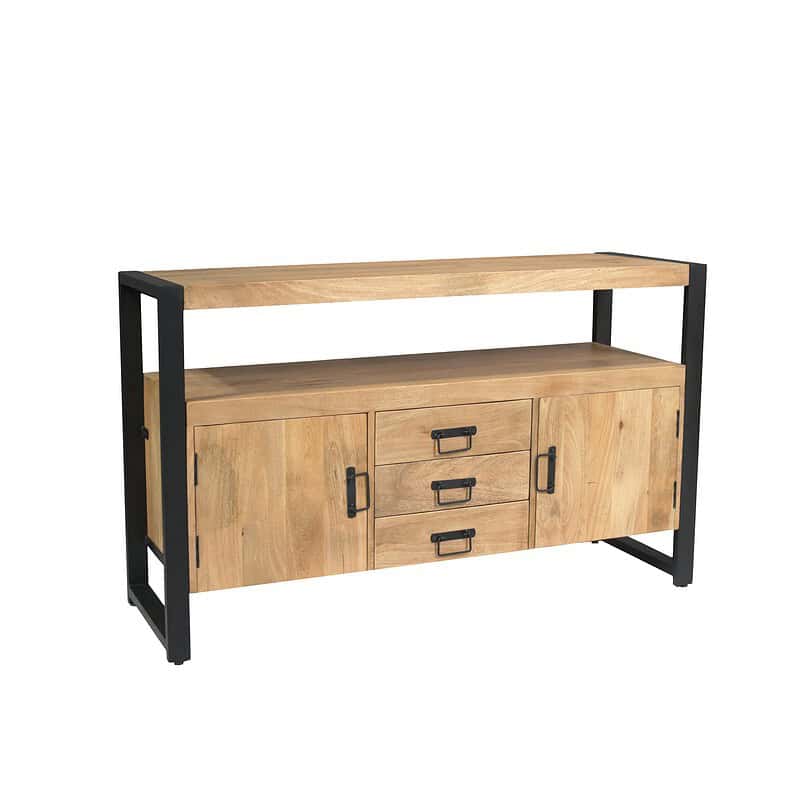Robuust houten dressoir met zwart metalen frame, perfect voor moderne interieurs. Biedt ruime opbergruimte met schuifdeuren en lades, ideaal voor woonkamer of eetkamer.