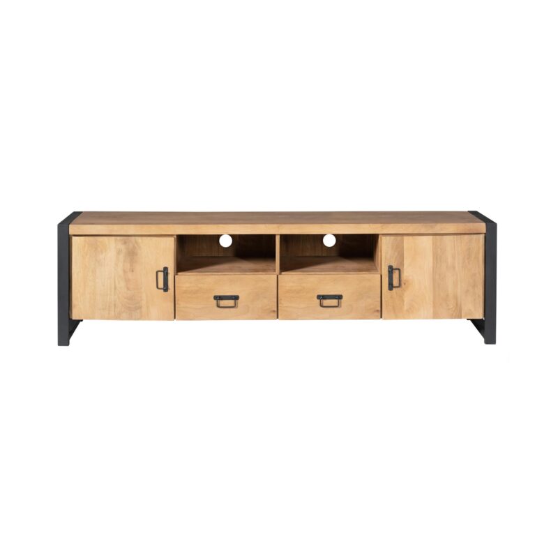 Detail tv meubel Britt, deuren en lades, massief mangohout