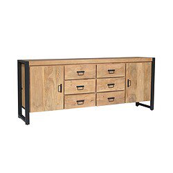 Robuust houten dressoir met zwart metalen frame, perfect voor moderne woonruimtes. Ruime opbergruimte met meerdere lades en kastdeuren, ideaal voor het organiseren van je interieur.