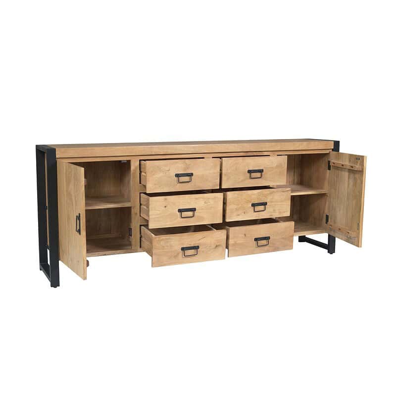 Robuust houten dressoir met zes lades en twee kastdeuren, perfect voor moderne interieurs. Gemaakt van hoogwaardig massief hout met een industrieel zwart metalen frame.