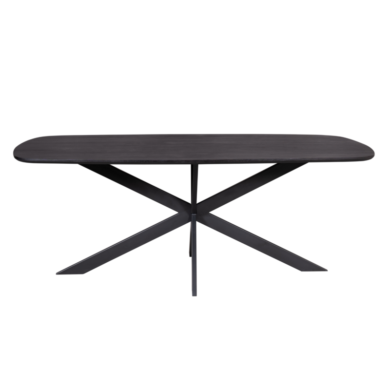 Eettafel Elegance Black in een interieur, ovale eetkamertafel van mangohout en metaal in zwart