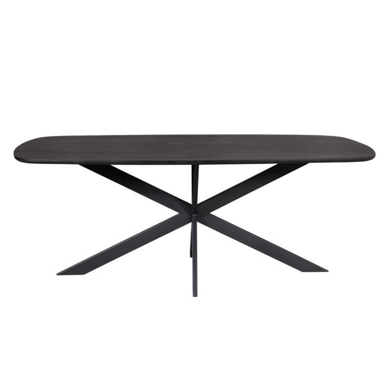 Eettafel Elegance Black in interieur, ovale eetkamertafel met zwarte lak en mangohout
