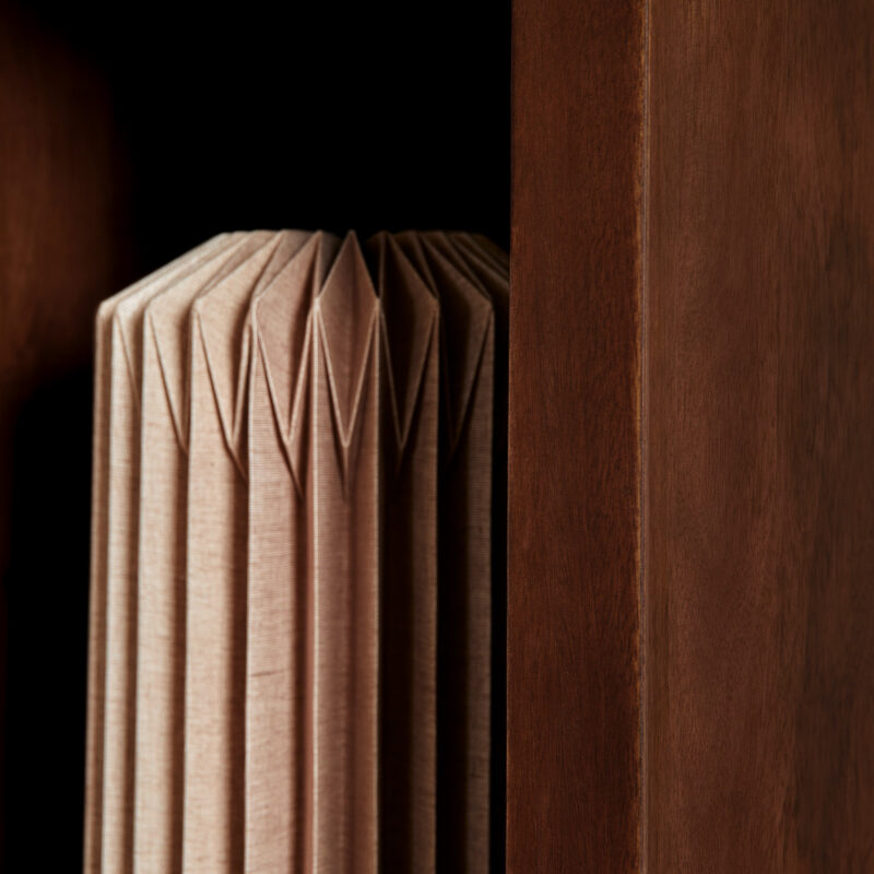 Textuur van de boekenkast Brussel Brown, mangohout, bruine finish