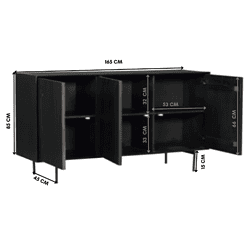 Modern zwart dressoir Madison van 165 cm breed, met ruime opbergruimte en strakke uitstraling, perfect voor een eigentijdse woonkamer.