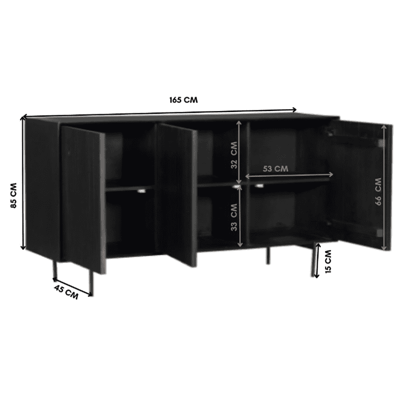 Modern zwart dressoir Madison van 165 cm breed, met ruime opbergruimte en strakke uitstraling, perfect voor een eigentijdse woonkamer.