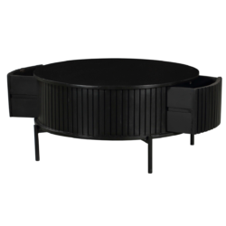 Perspectief van de Salontafel Madison Black, ronde salontafel met twee lades en verticaal lattenpatroon