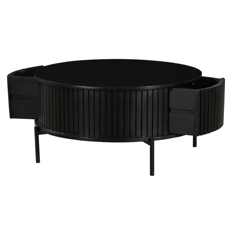 Perspectief van de Salontafel Madison Black, ronde salontafel met twee lades en verticaal lattenpatroon