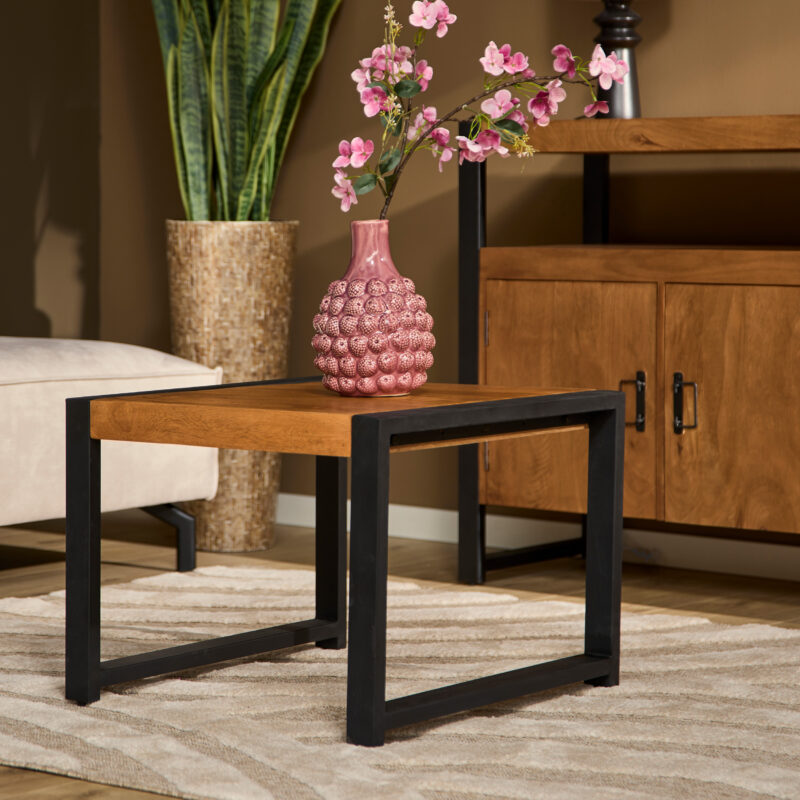 Mokana Bijzettafel Boaz Naturel Mangohout Moderne bijzettafel Boaz met naturel mangohout en zwart metalen frame, perfect voor woonkamer decoratie en functioneel gebruik.