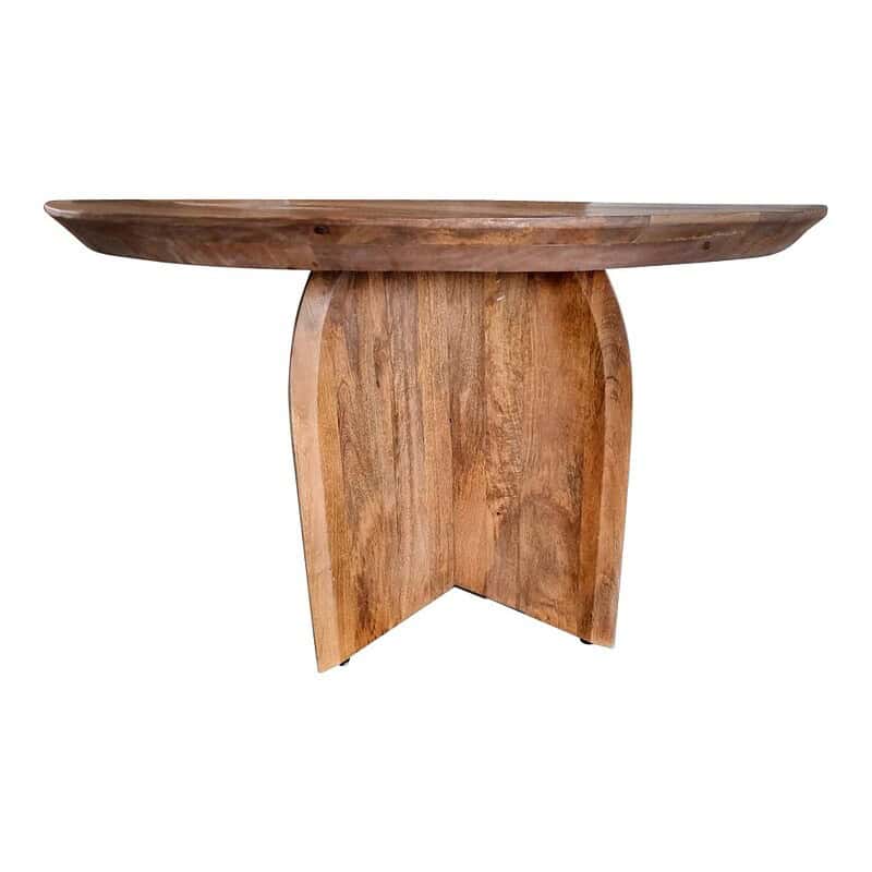 Eettafel Tense Rond Ronde houten eettafel Tense van Mokana, 150 cm diameter, met een uniek design en natuurlijke afwerking, perfect voor moderne eetkamers.