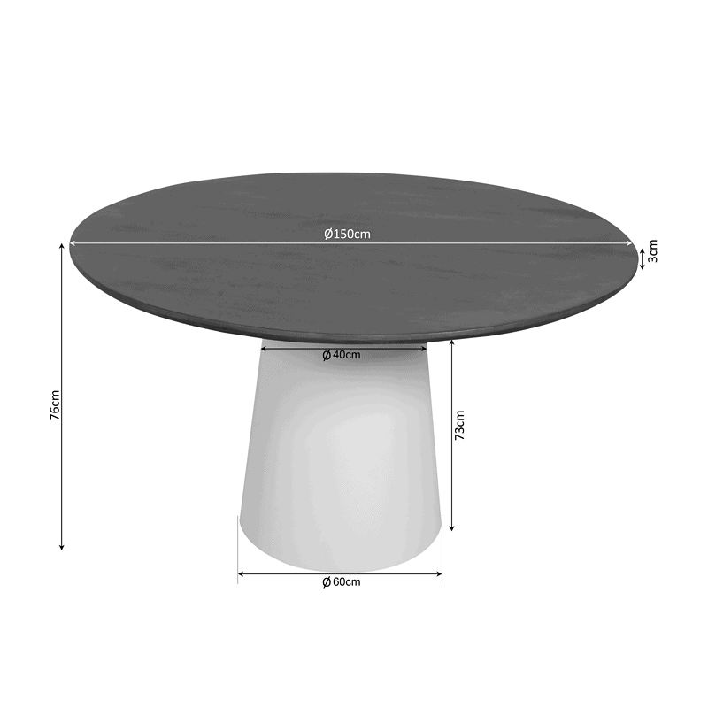 Moderne eettafel Madison in bruin hout, 150 cm diameter, met witte basis, perfect voor een stijlvolle eetkamer.