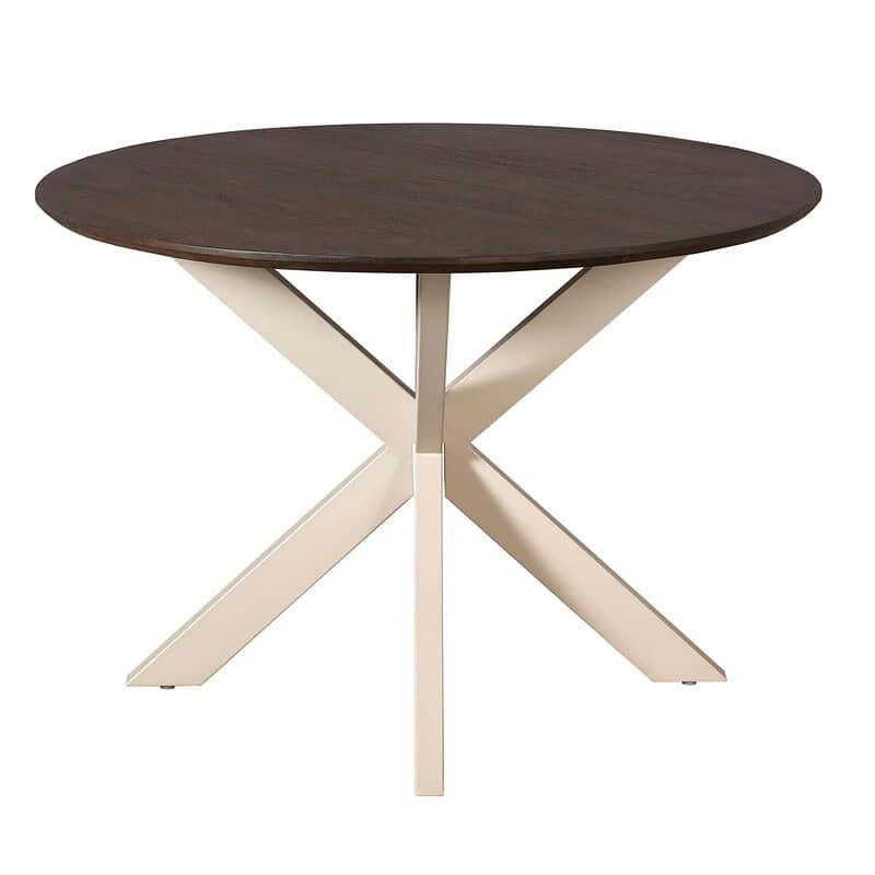 Moderne eettafel Madison in bruin met 110 cm diameter en zandkleurige poot, perfect voor een stijlvolle eetkamer.