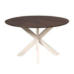 Moderne eettafel Madison Brown met een ronde houten tafelblad van 150 cm en een unieke zandkleurige onderstel, perfect voor een stijlvolle eetkamer.