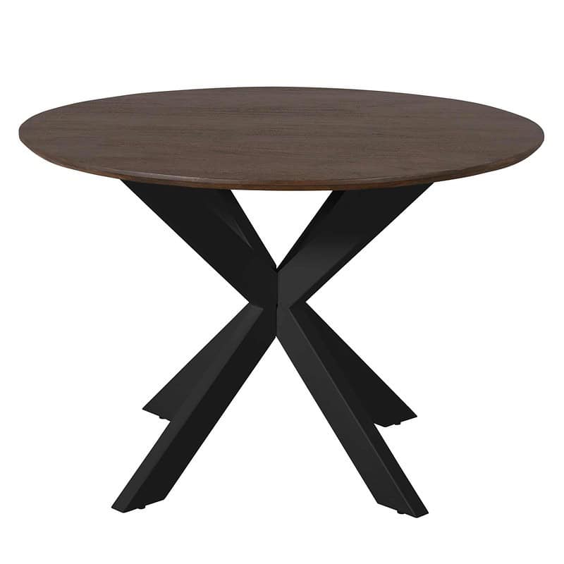 Moderne eettafel Madison met een ronde bruine houten blad en zwarte poot, perfect voor een stijlvolle eetkamer. Duurzaam en elegant design voor dagelijks gebruik.