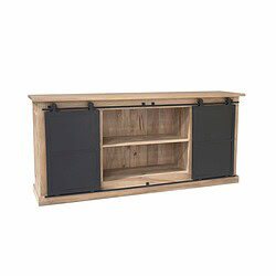 Moderne houten dressoir Fresno van 200 cm met zwarte schuifdeuren, perfect voor landelijke of industriële interieurstijlen.