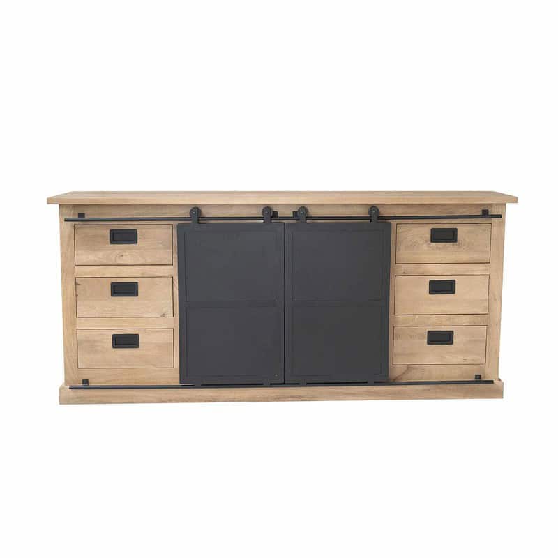 Elegant houten dressoir Fresno van 200 cm met zwarte schuifdeuren, perfect voor een landelijke of moderne woonkamer. Gemaakt van hoogwaardig hout, biedt ruime opbergruimte en stijlvol design.