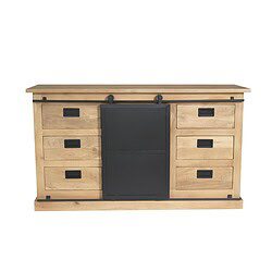 Elegant houten dressoir Fresno van 160 cm breed met zes lades en een centrale zwarte schuifdeur, perfect voor landelijke en moderne interieurs.