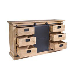 Elegant houten dressoir Fresno met schuifdeuren en zes lades, perfect voor moderne woonruimtes. Gemaakt van massief hout met zwart metalen handgrepen, biedt ruime opbergruimte en stijl.