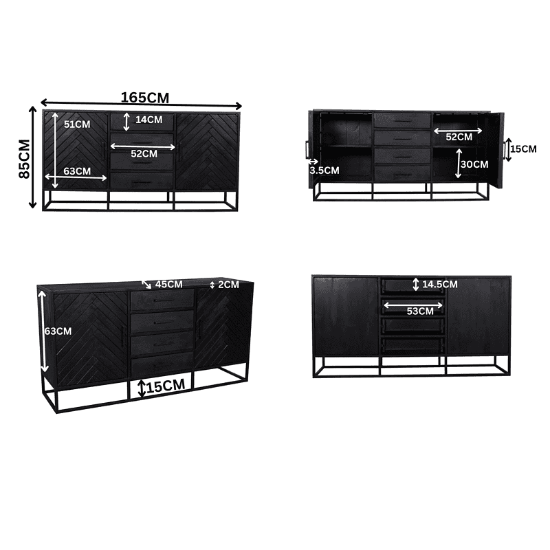 Robuust dressoir met zwart afwerking en ruime opbergruimte, perfect voor moderne interieurs.