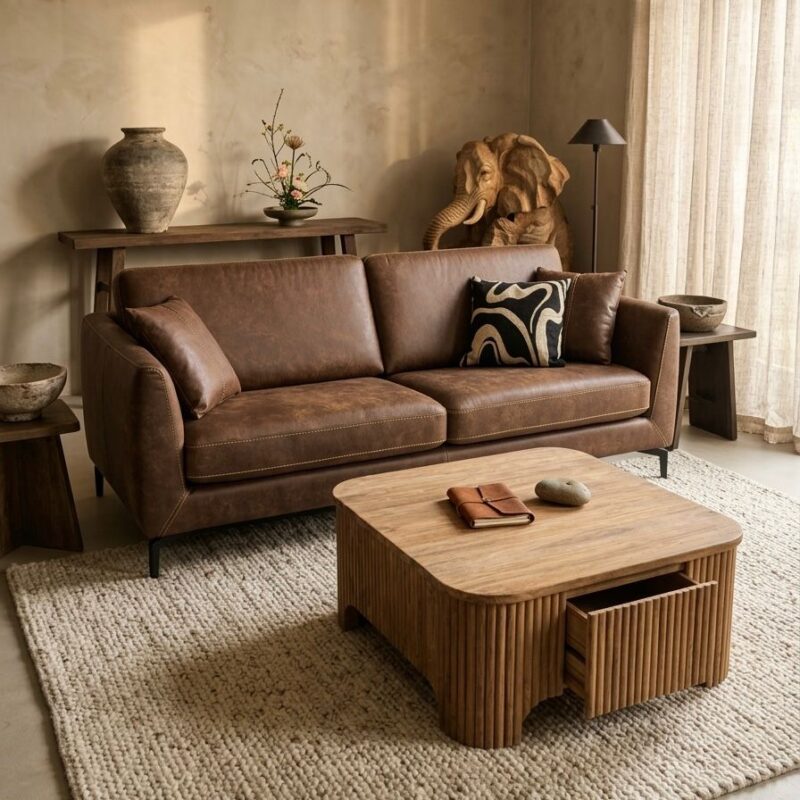 Salontafel Bailar 100x100 cm massief teakhout verticale cannelures afgeronde hoeken Sventerior