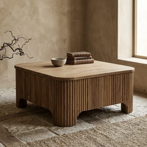 Salontafel Bailar vierkant massief teakhout met lade in Japandi woonkamer – Sventerior Mokana