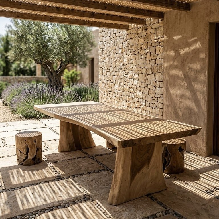 Boomstamtafel suarhout met houten poten in Ibiza stijl