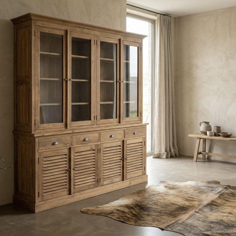 Vitrinekast Louvre met schuifdeuren van massief teakhout en glas van het merk Brosi