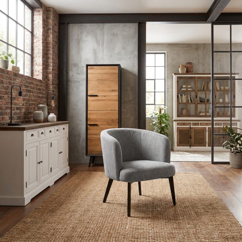 Albi fauteuil met grijs kleurtint en Nature 452 stof, hotelchique stijl