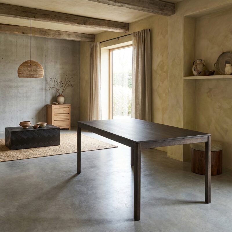 Rechthoekige eetkamertafel in bruin basalt met landelijk-modern design