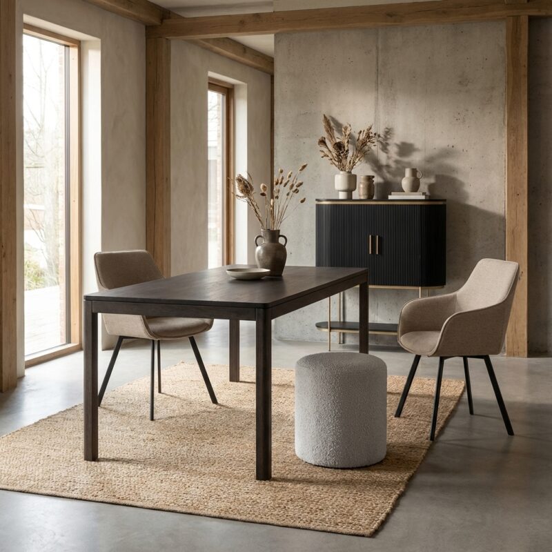 Rechthoekige eetkamertafel in bruin basalt met landelijk modern design