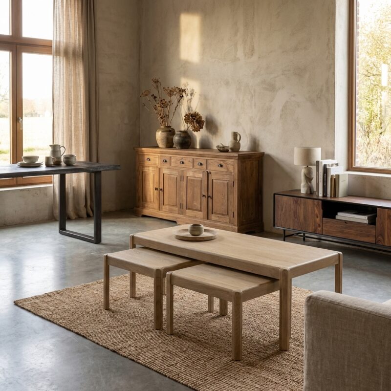 Amalfi salontafel en bijzettafel set in white wash, landelijk modern stijl