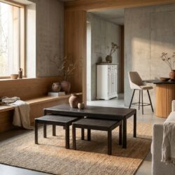 Amalfi salontafel- en bijzettafelset in bruin basalt met landelijk-modern design