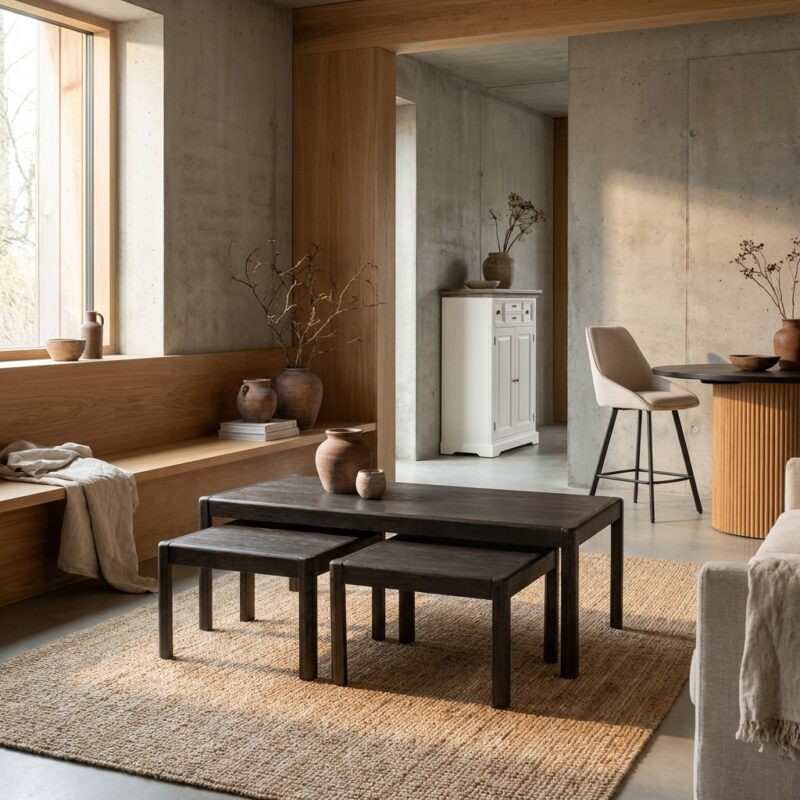 Amalfi salontafel- en bijzettafelset in bruin basalt met landelijk-modern design