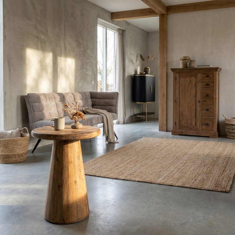 Ronde bijzettafel uit bruin hout met New Vintage stijl