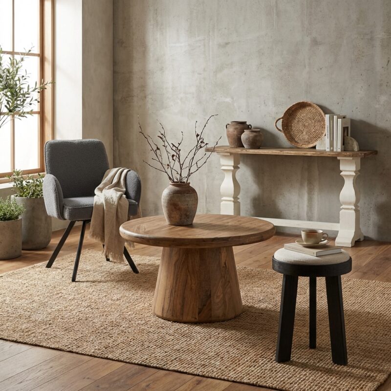 Ronde bijzettafel in bruin, new vintage stijl, 60 cm diameter