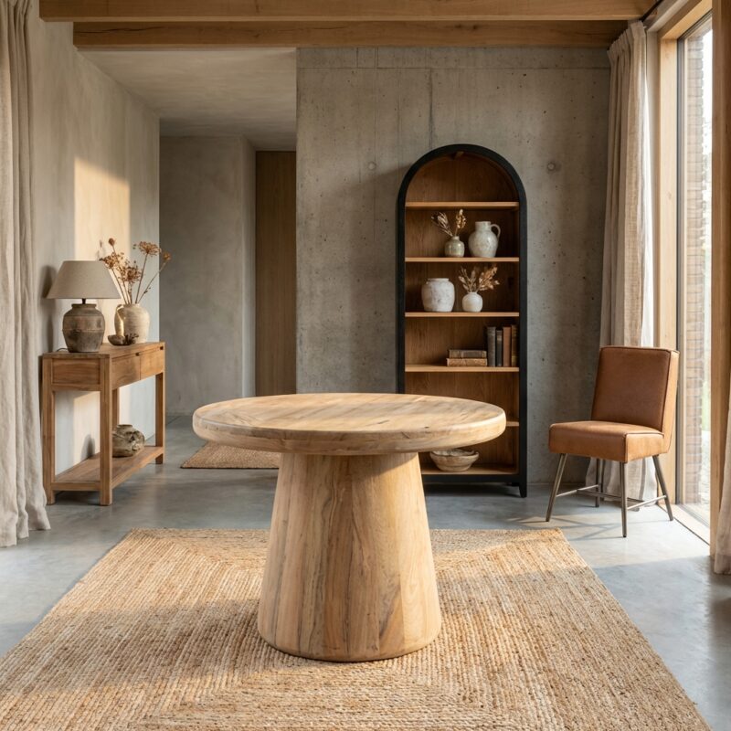 Ronde bijzettafel uit naturel hout in New Vintage stijl