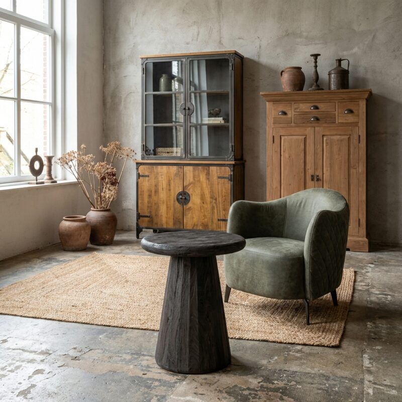 Ronde bijzettafel in zwart, new vintage stijl, 40x40x55 cm