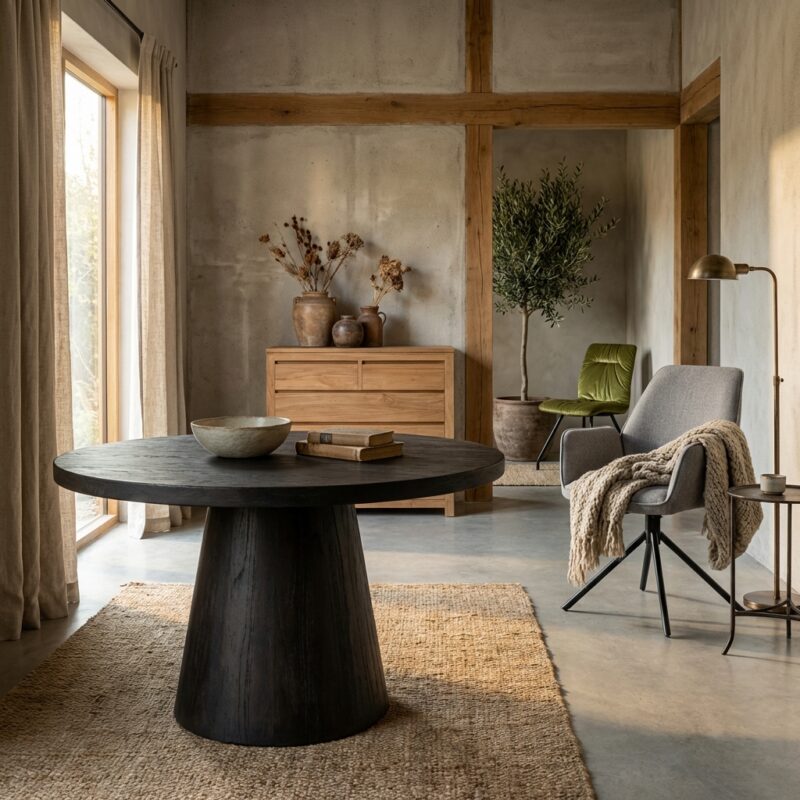 Ronde bijzettafel in zwart, new vintage stijl, 60 cm diameter