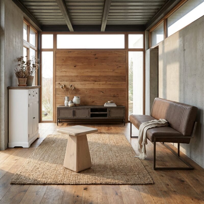 Asti vierkante bijzettafel in natuurlijk hout, new vintage stijl