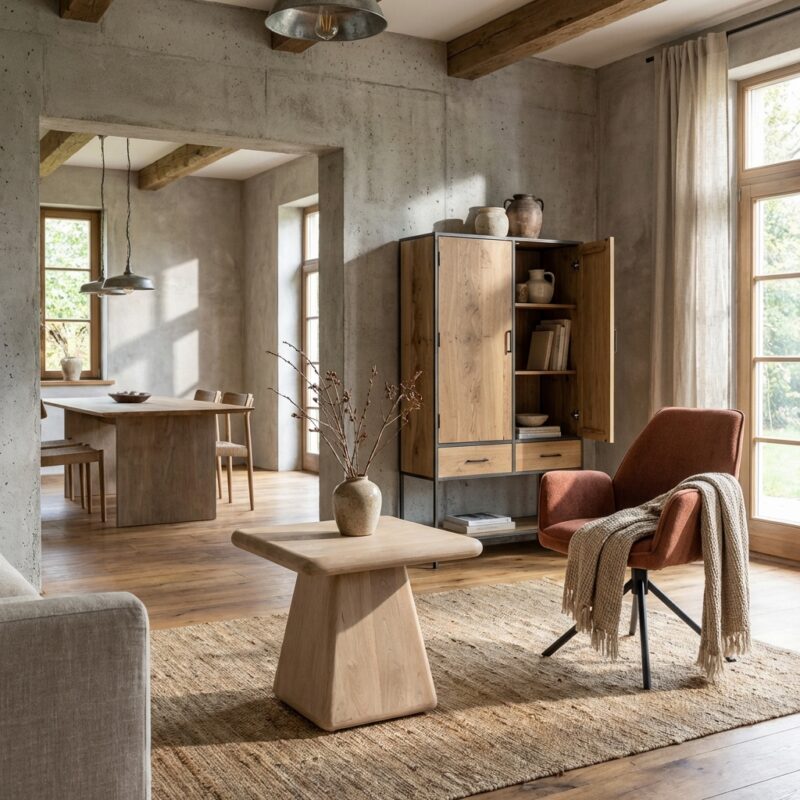 vierkante bijzettafel in natuurlijk hout met new vintage stijl