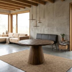 Ronde eetkamertafel in bruin, new vintage stijl, 130 cm diameter